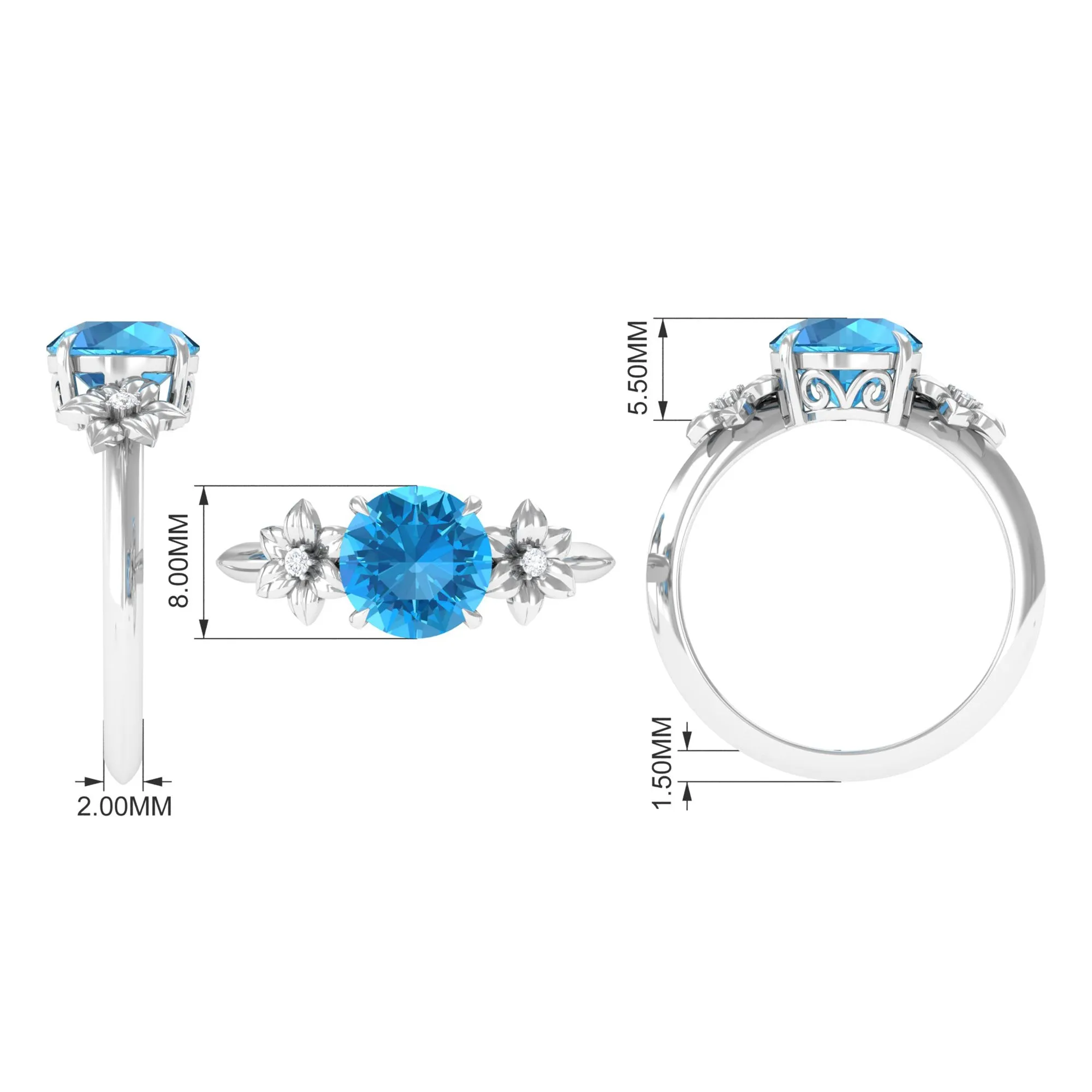 2 CT Round Swiss Blue Topaz Solitaire Flower Engagement Ring with Diamond