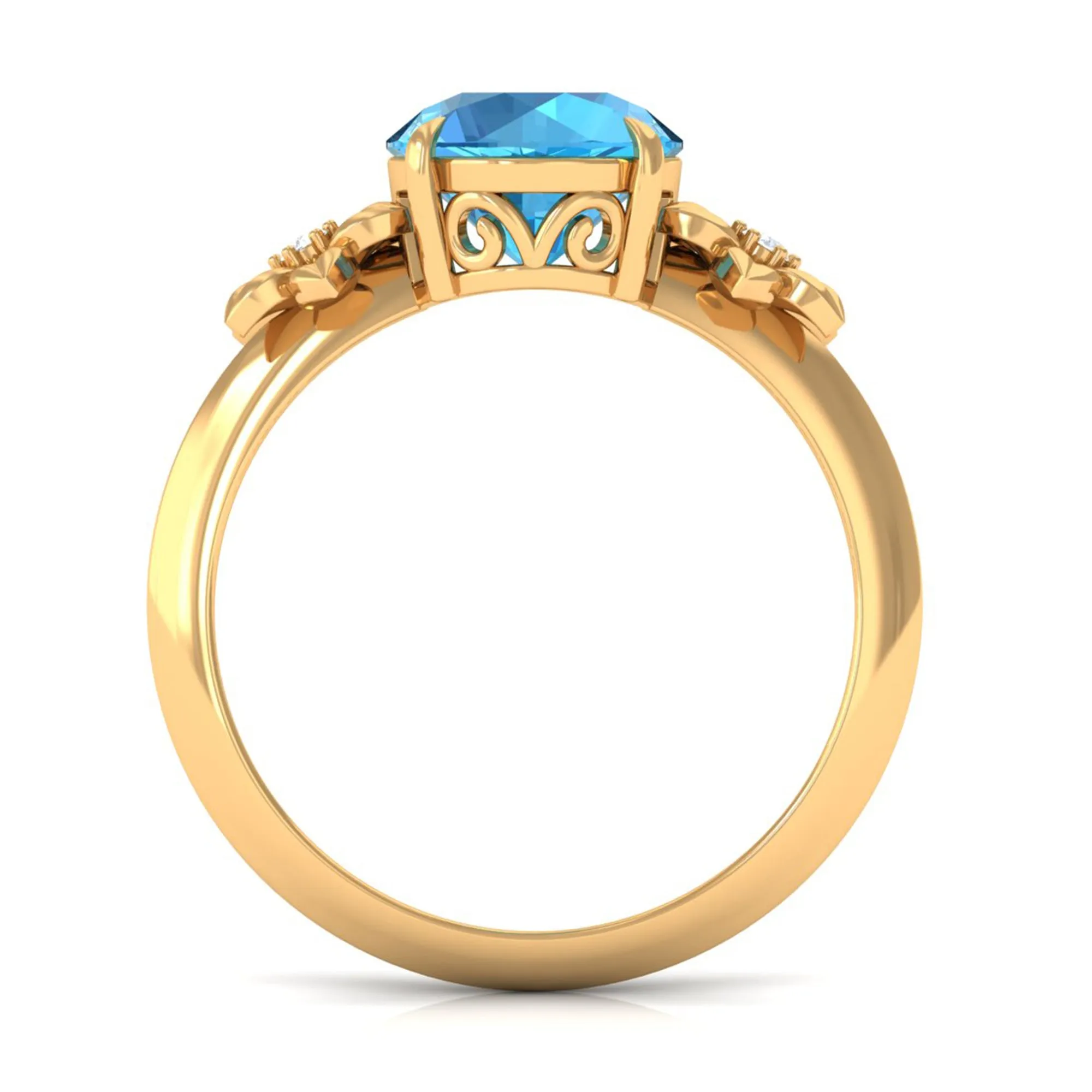 2 CT Round Swiss Blue Topaz Solitaire Flower Engagement Ring with Diamond