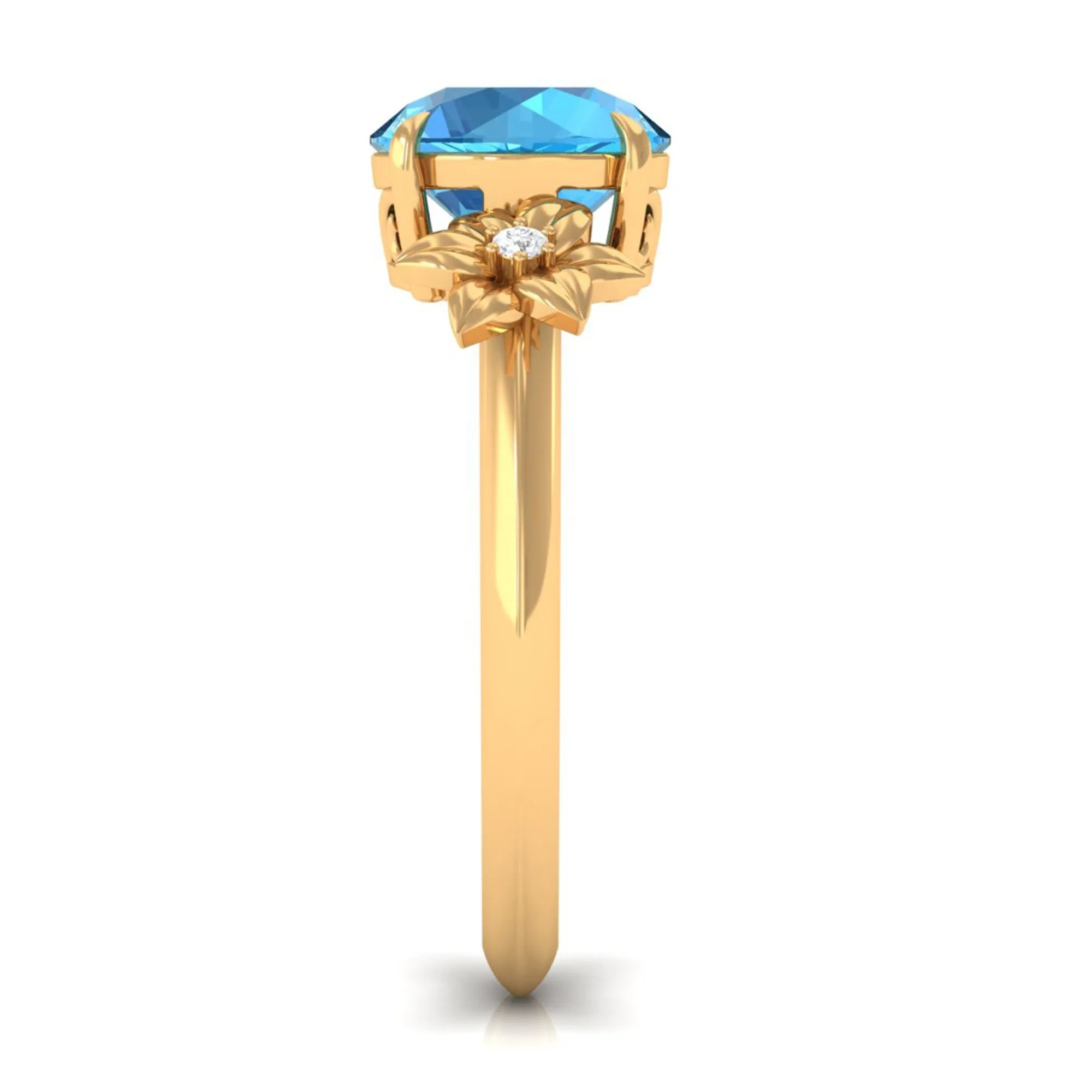 2 CT Round Swiss Blue Topaz Solitaire Flower Engagement Ring with Diamond