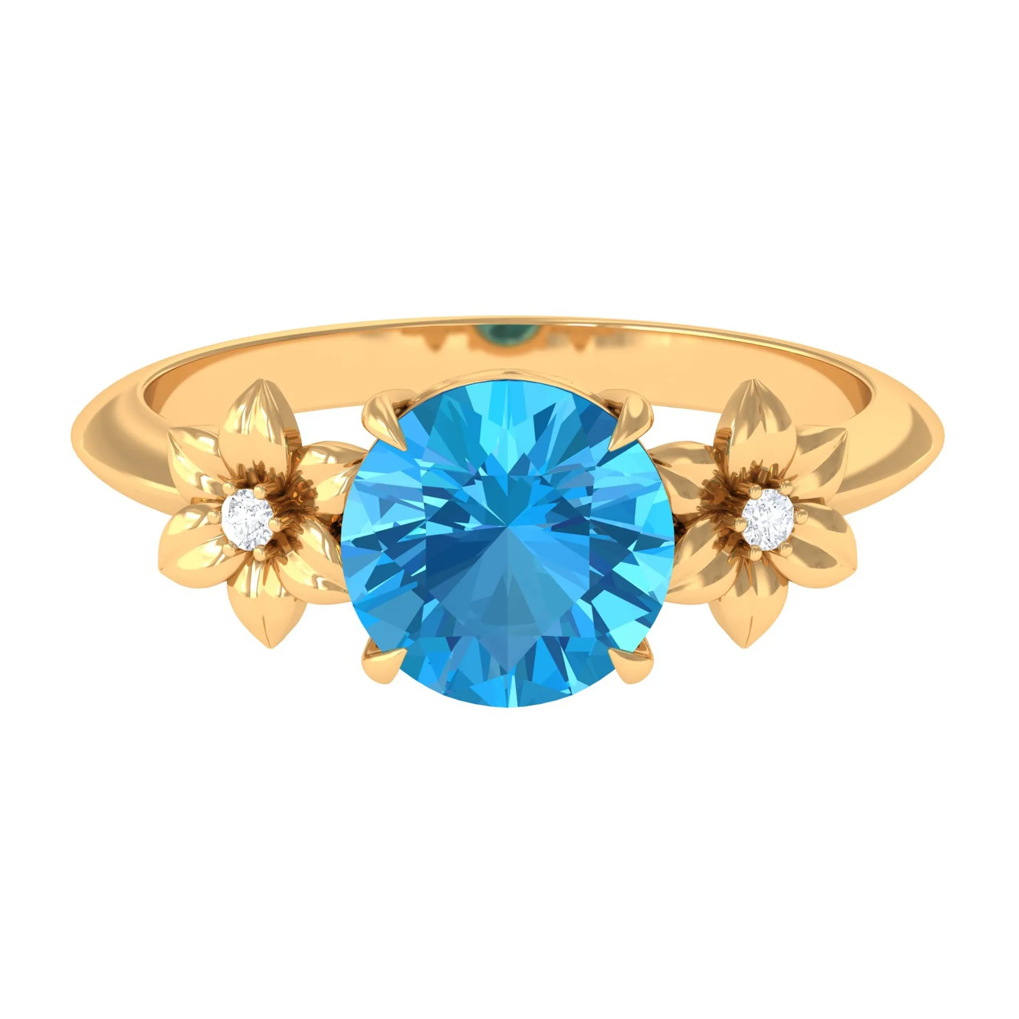 2 CT Round Swiss Blue Topaz Solitaire Flower Engagement Ring with Diamond