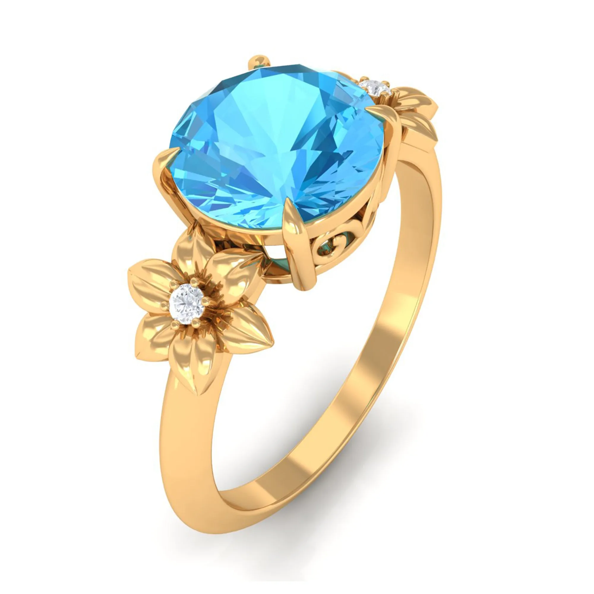 2 CT Round Swiss Blue Topaz Solitaire Flower Engagement Ring with Diamond