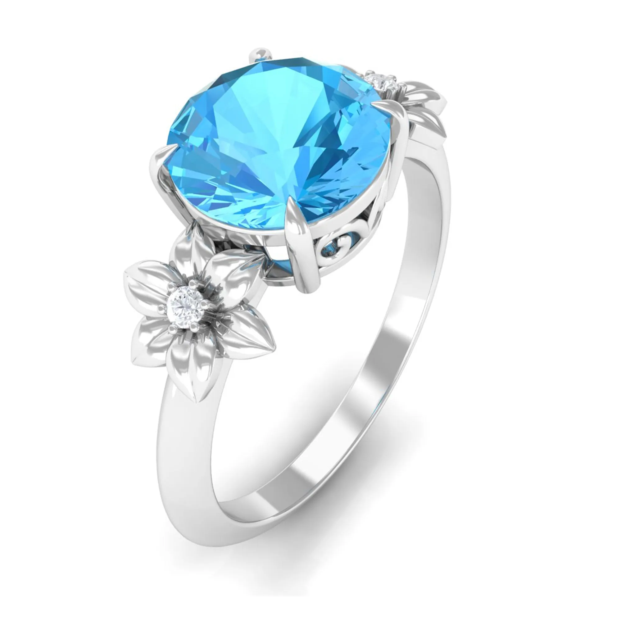 2 CT Round Swiss Blue Topaz Solitaire Flower Engagement Ring with Diamond
