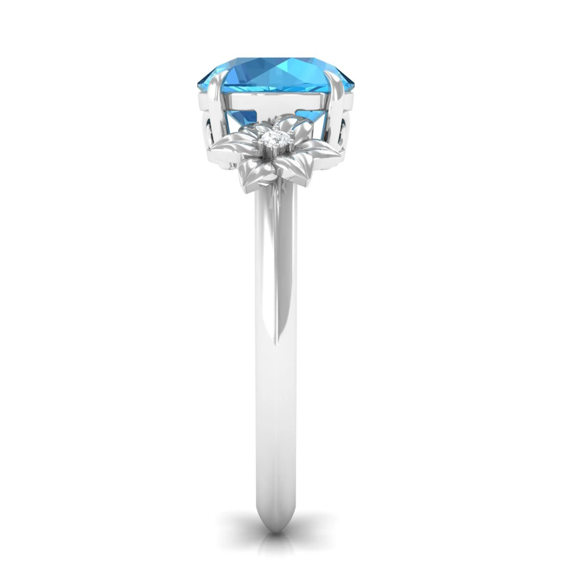 2 CT Round Swiss Blue Topaz Solitaire Flower Engagement Ring with Diamond