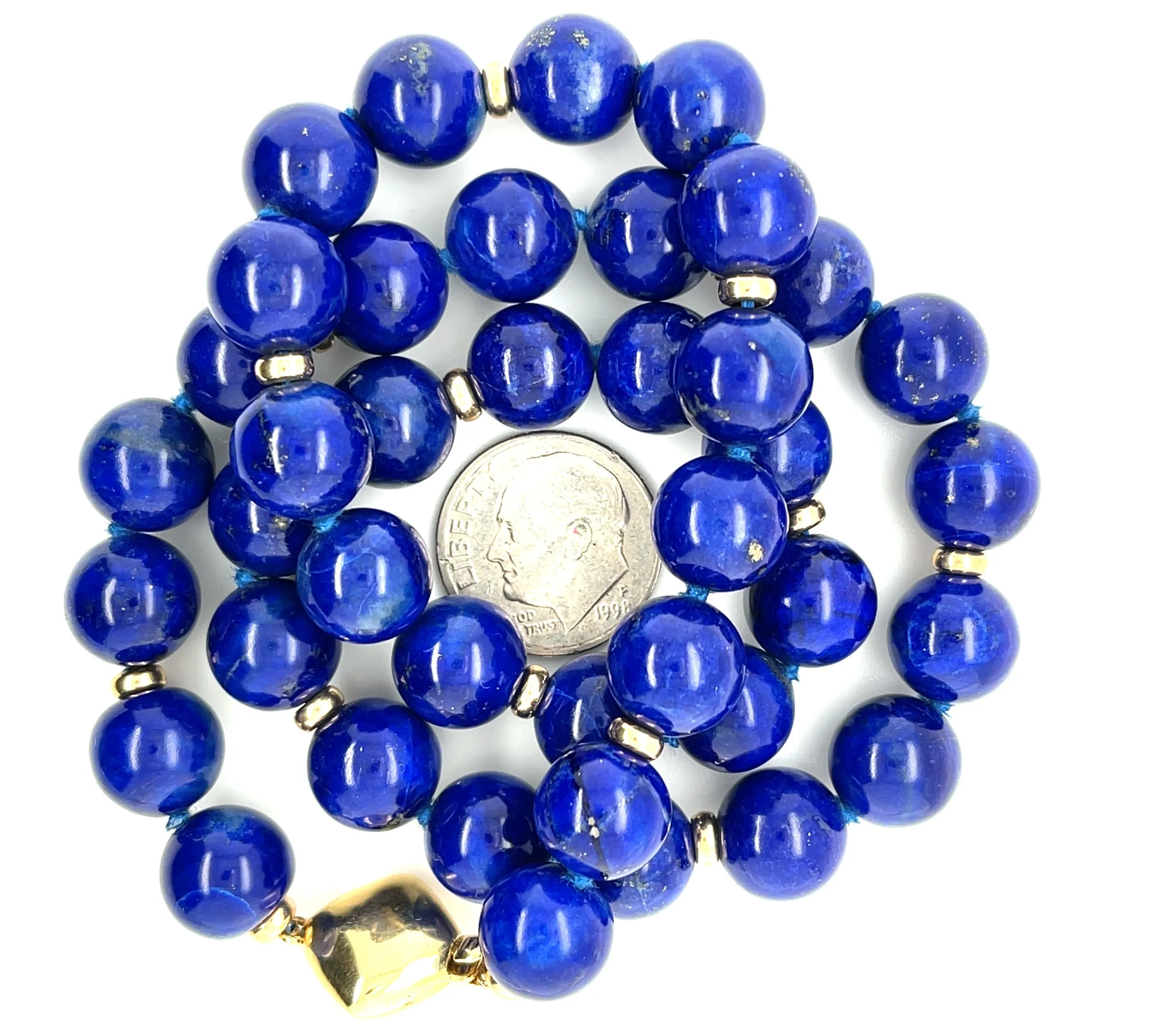 9mm Round Lapis Bead Necklace with 14k Yellow Gold Spacers and Clasp, 18 Inches