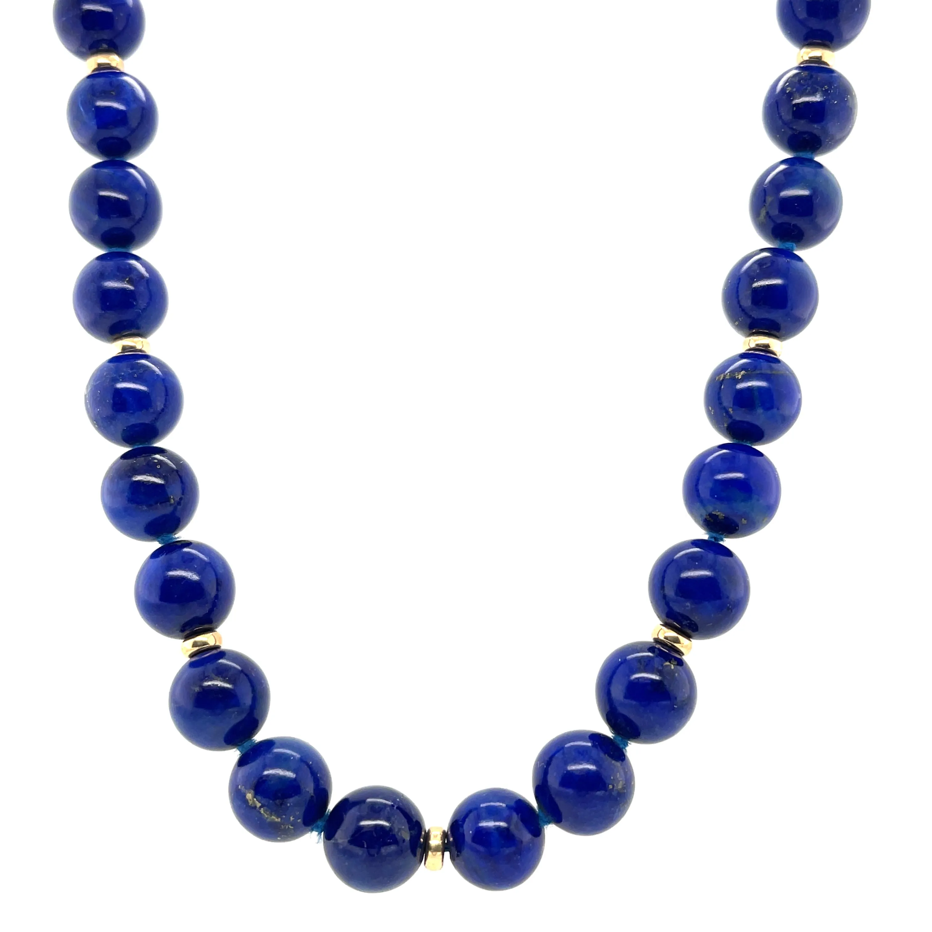9mm Round Lapis Bead Necklace with 14k Yellow Gold Spacers and Clasp, 18 Inches