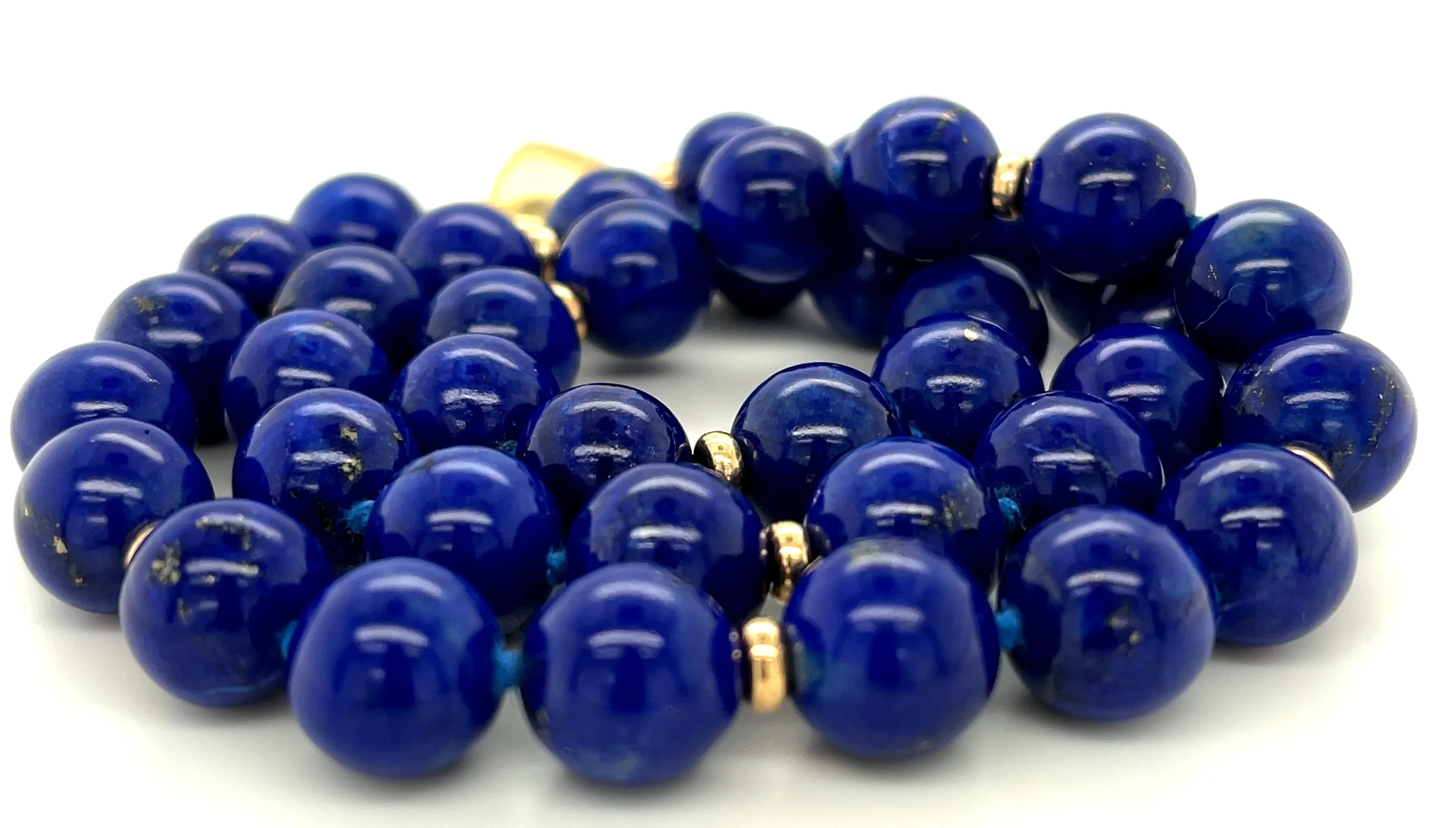 9mm Round Lapis Bead Necklace with 14k Yellow Gold Spacers and Clasp, 18 Inches