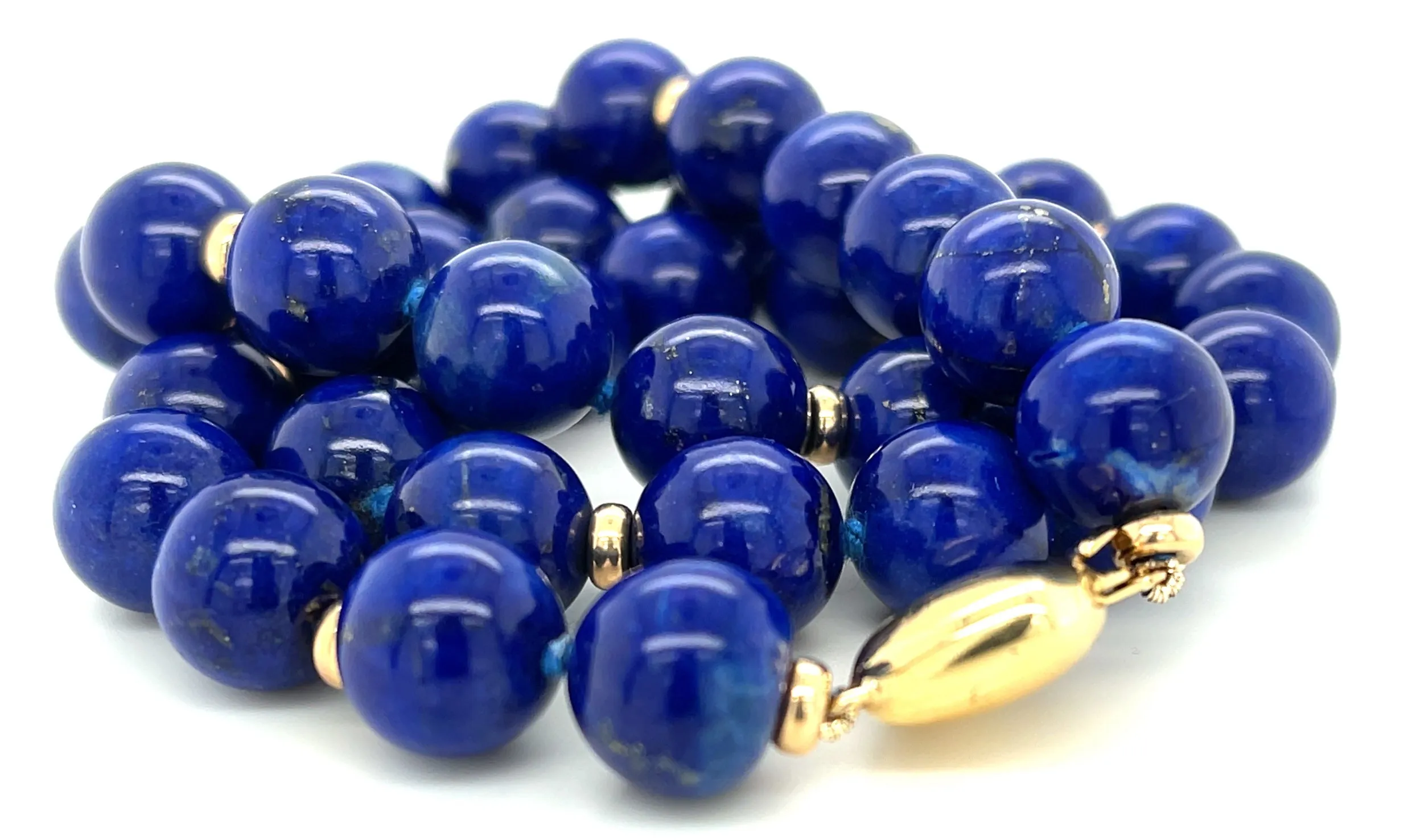 9mm Round Lapis Bead Necklace with 14k Yellow Gold Spacers and Clasp, 18 Inches