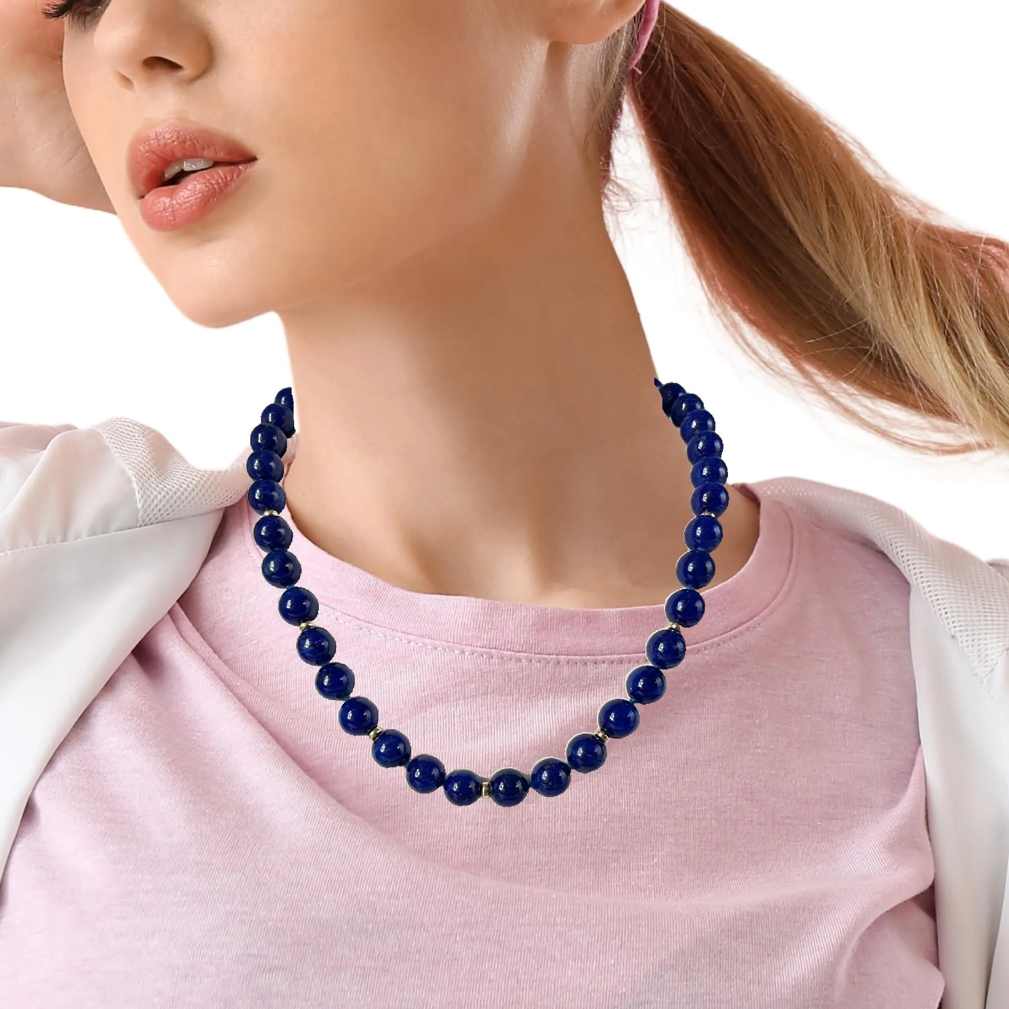 9mm Round Lapis Bead Necklace with 14k Yellow Gold Spacers and Clasp, 18 Inches