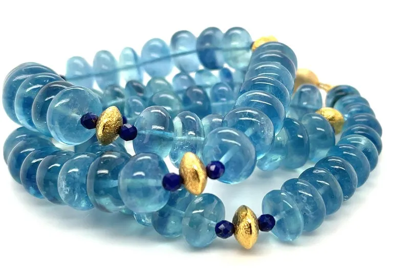 Aquamarine and Lapis Beaded Necklace with Yellow Gold Accents, 22 Inches