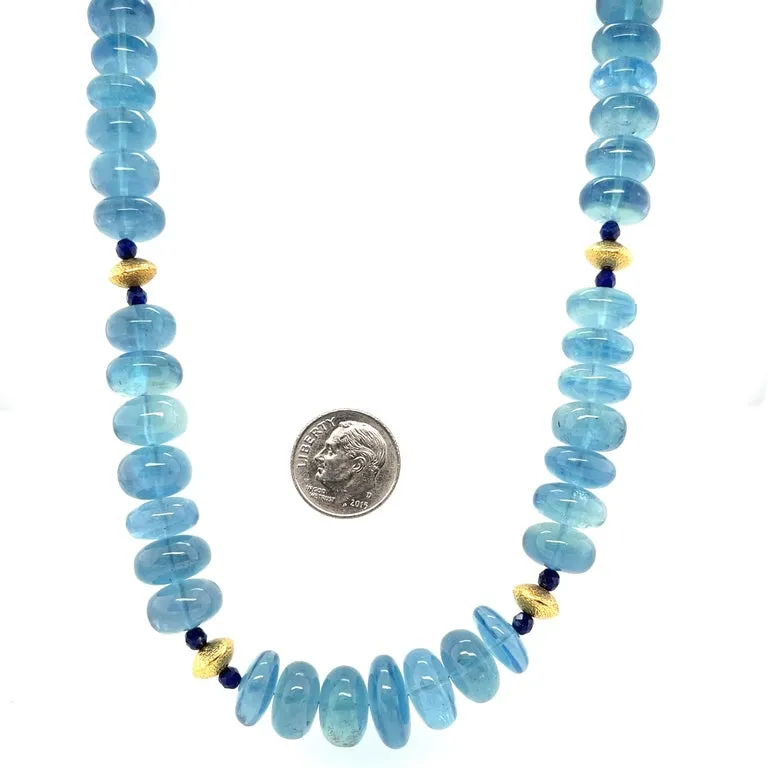 Aquamarine and Lapis Beaded Necklace with Yellow Gold Accents, 22 Inches
