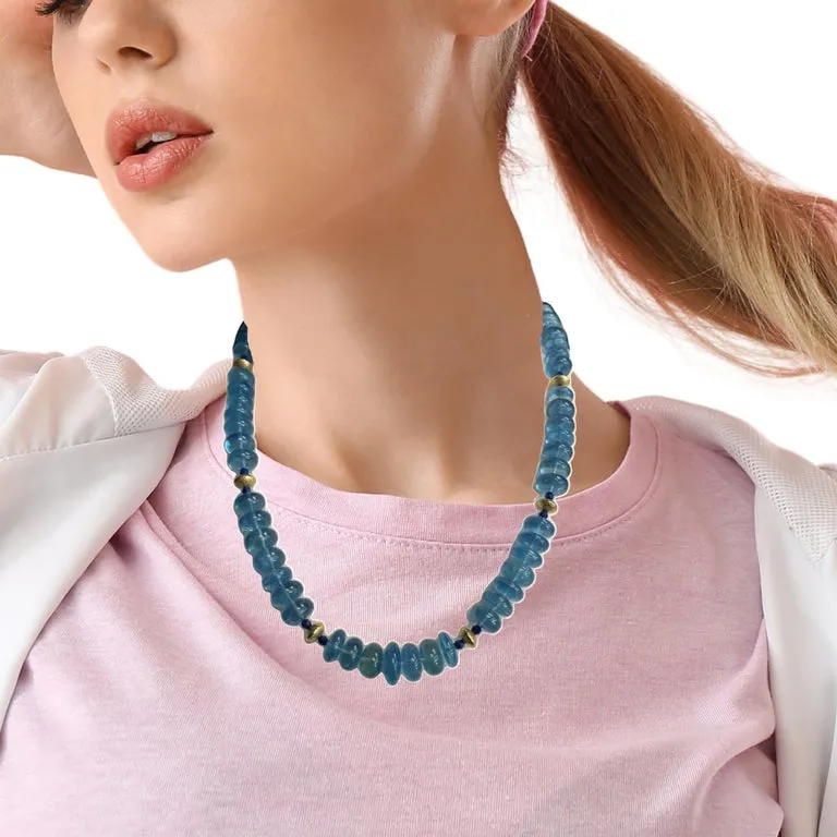 Aquamarine and Lapis Beaded Necklace with Yellow Gold Accents, 22 Inches