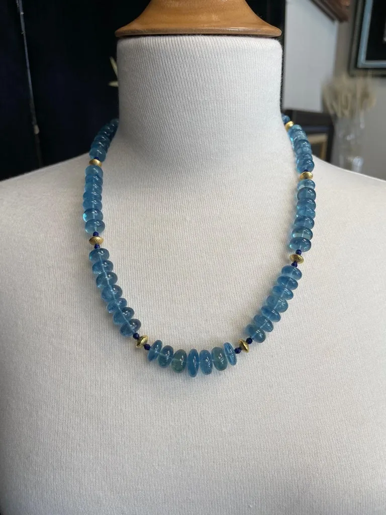 Aquamarine and Lapis Beaded Necklace with Yellow Gold Accents, 22 Inches