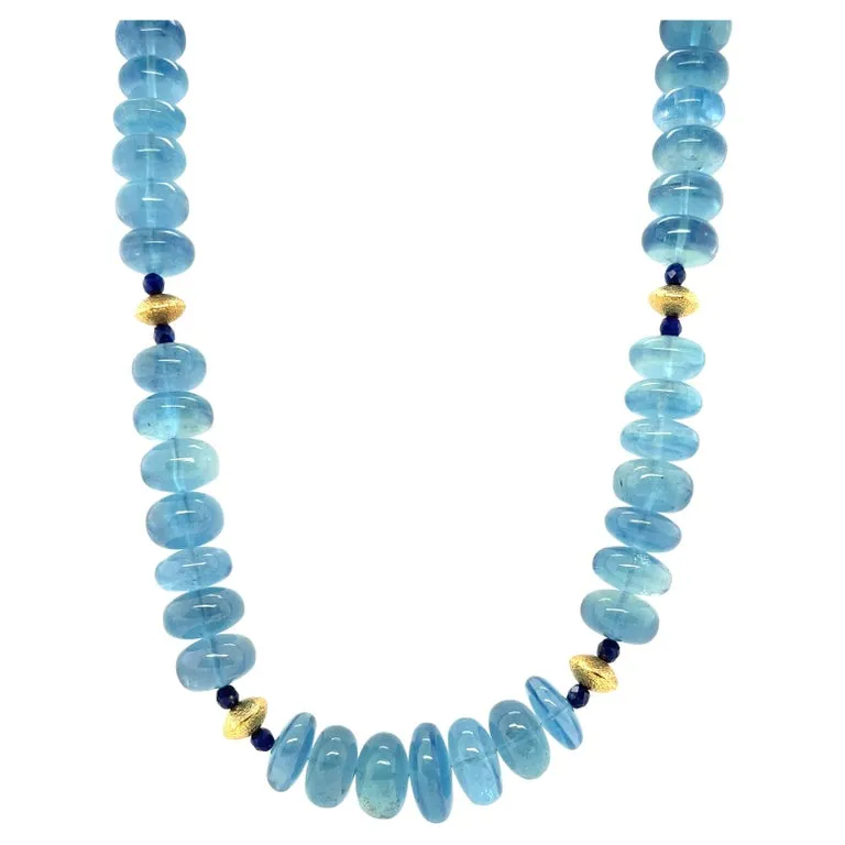 Aquamarine and Lapis Beaded Necklace with Yellow Gold Accents, 22 Inches