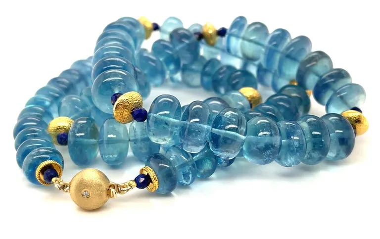 Aquamarine and Lapis Beaded Necklace with Yellow Gold Accents, 22 Inches