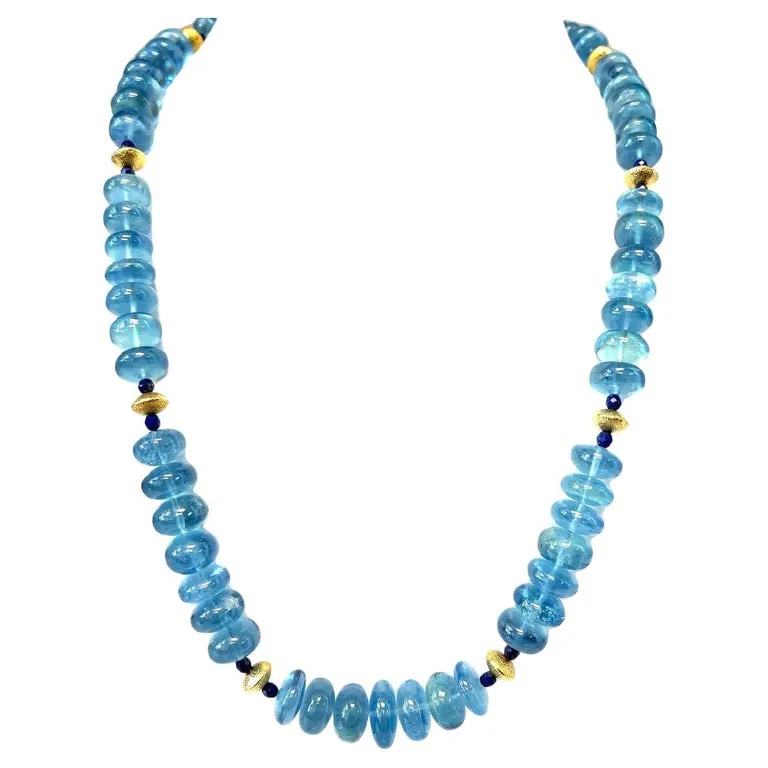 Aquamarine and Lapis Beaded Necklace with Yellow Gold Accents, 22 Inches