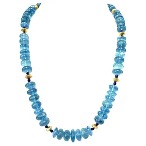 Aquamarine and Lapis Beaded Necklace with Yellow Gold Accents, 22 Inches