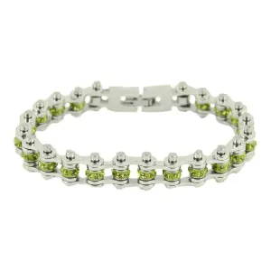 August Edition 3/8" Wide All Silver Peridot Imitation Crystal Centers Bike Chain Bracelet