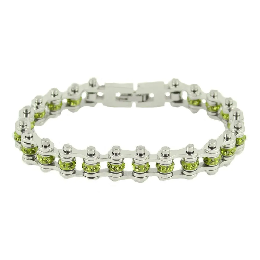 August Edition 3/8" Wide All Silver Peridot Imitation Crystal Centers Bike Chain Bracelet