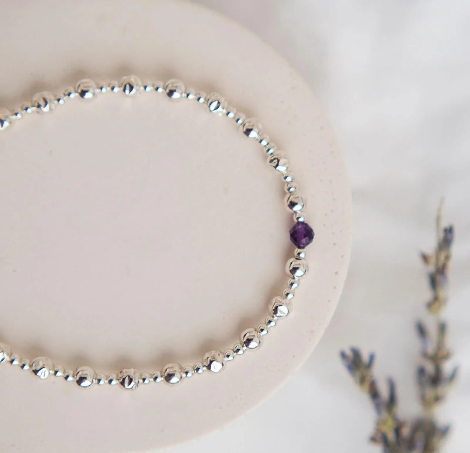 Birthstone Textured Layering Bracelet, sterling silver bead bracelet with birthstone of choice