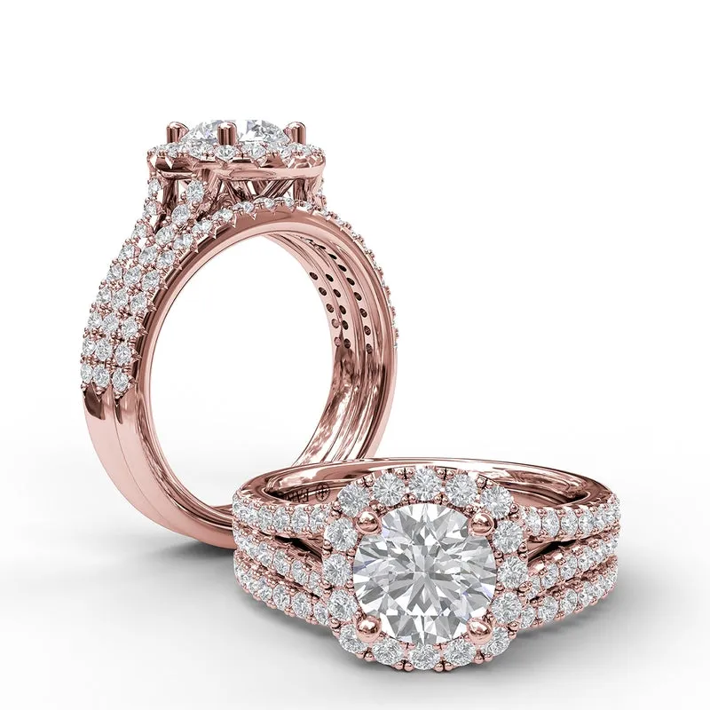 Fana Cushion Halo Engagement Ring with a Diamond Encrusted Split Band