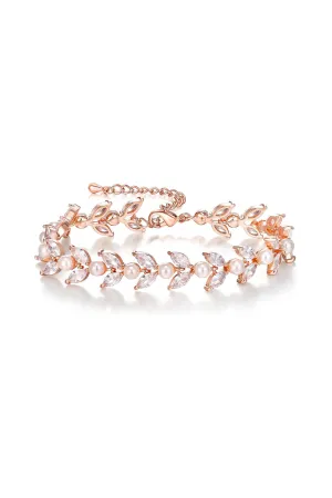 Gold Zirconia Simulated Pearl Bracelets with Leaf Filigree