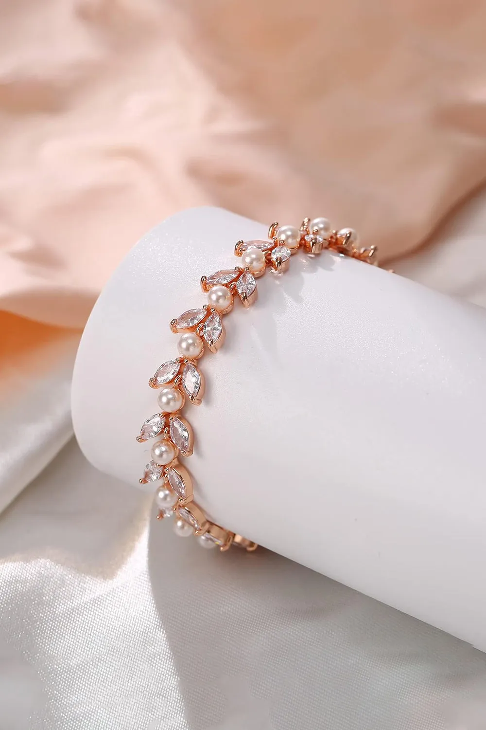 Gold Zirconia Simulated Pearl Bracelets with Leaf Filigree