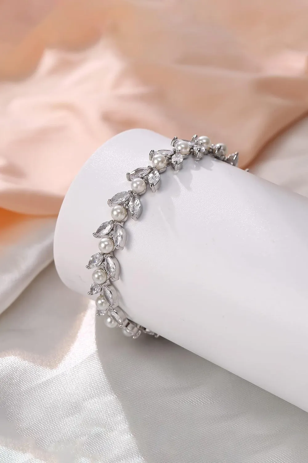 Gold Zirconia Simulated Pearl Bracelets with Leaf Filigree