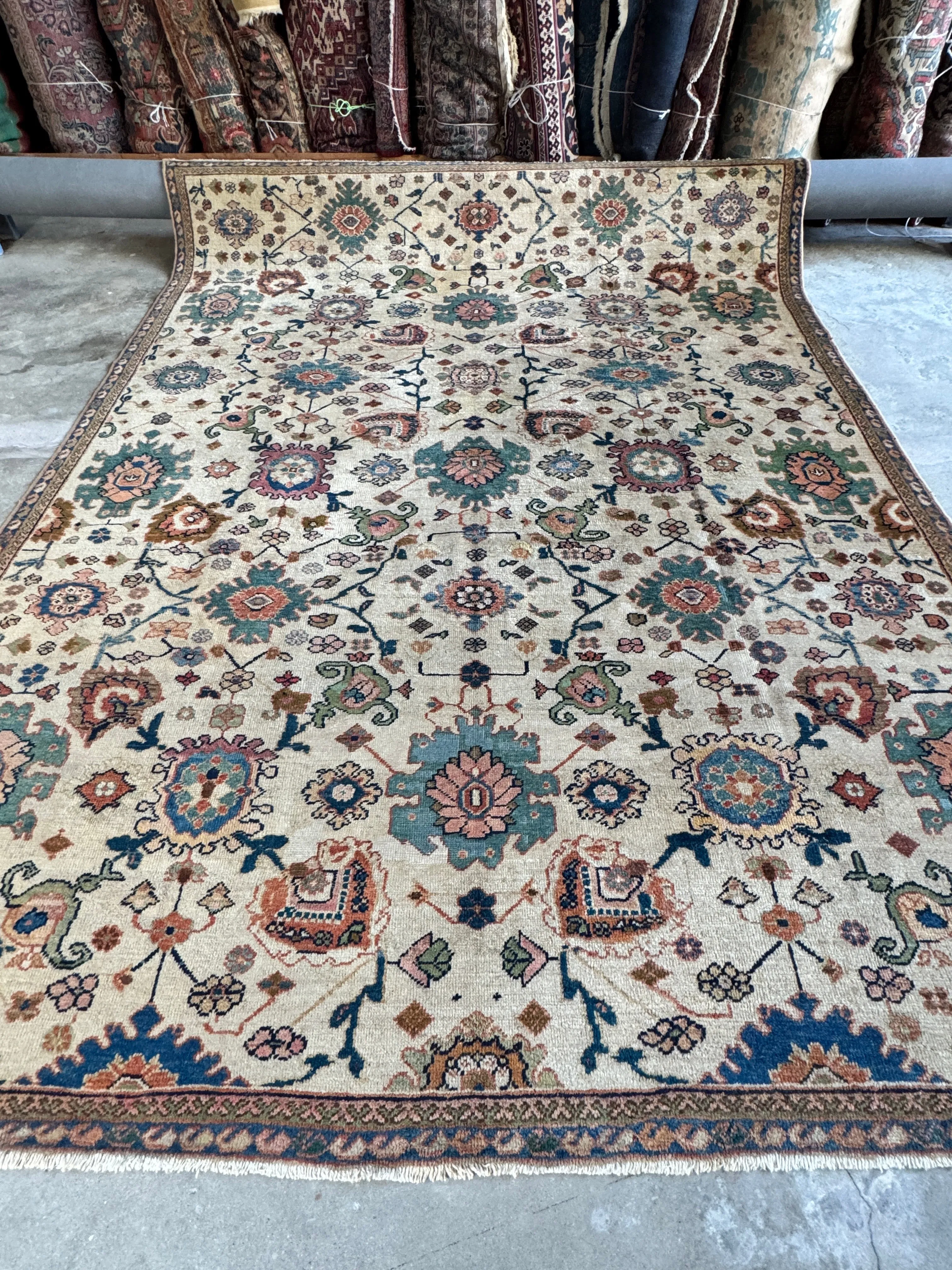 Large Antique Persian Ivory Rug / 7'9 x 10'1 Persian Mahal Rug #4023