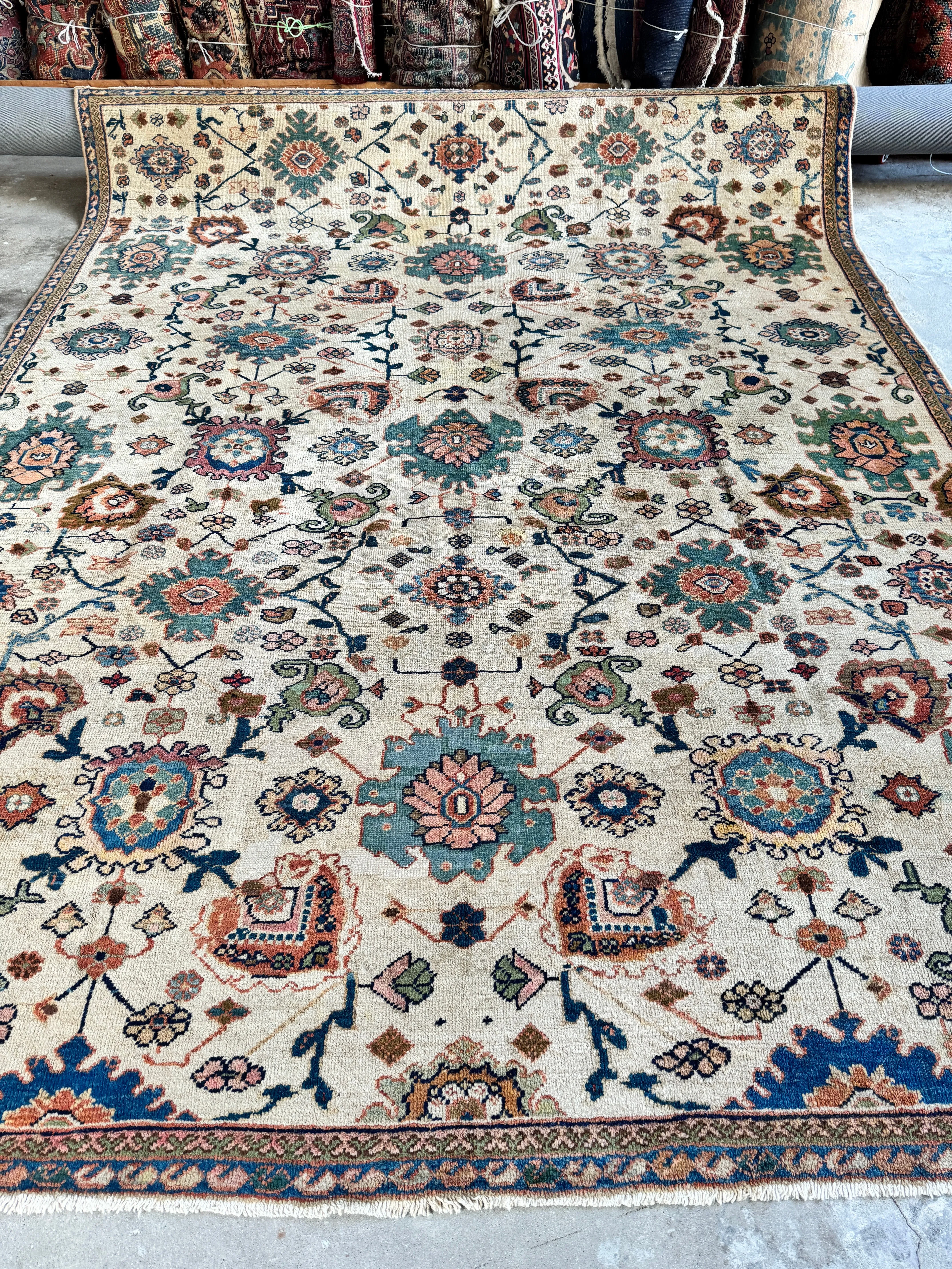 Large Antique Persian Ivory Rug / 7'9 x 10'1 Persian Mahal Rug #4023