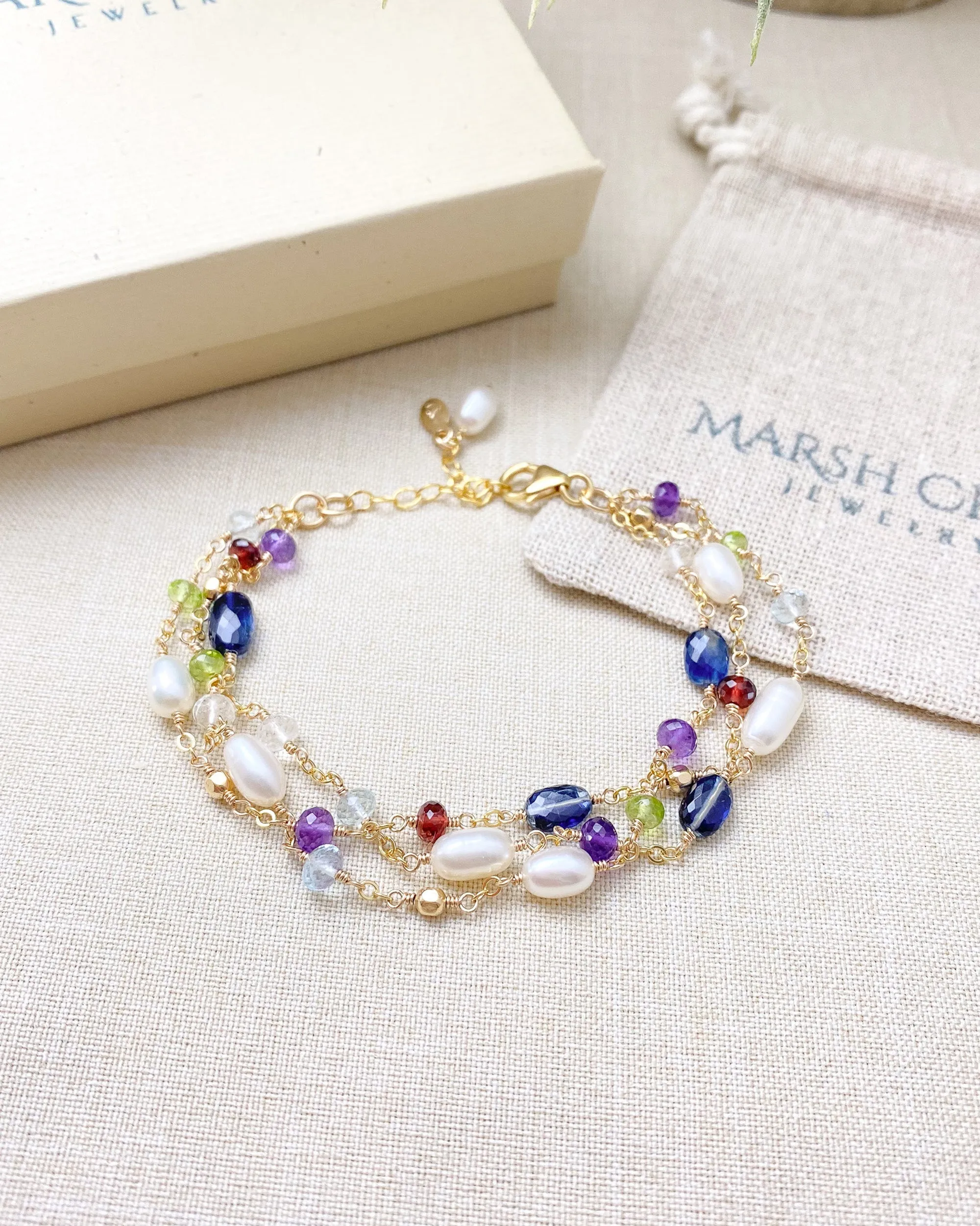 Layered Semiprecious Gemstone and Pearl Bracelet