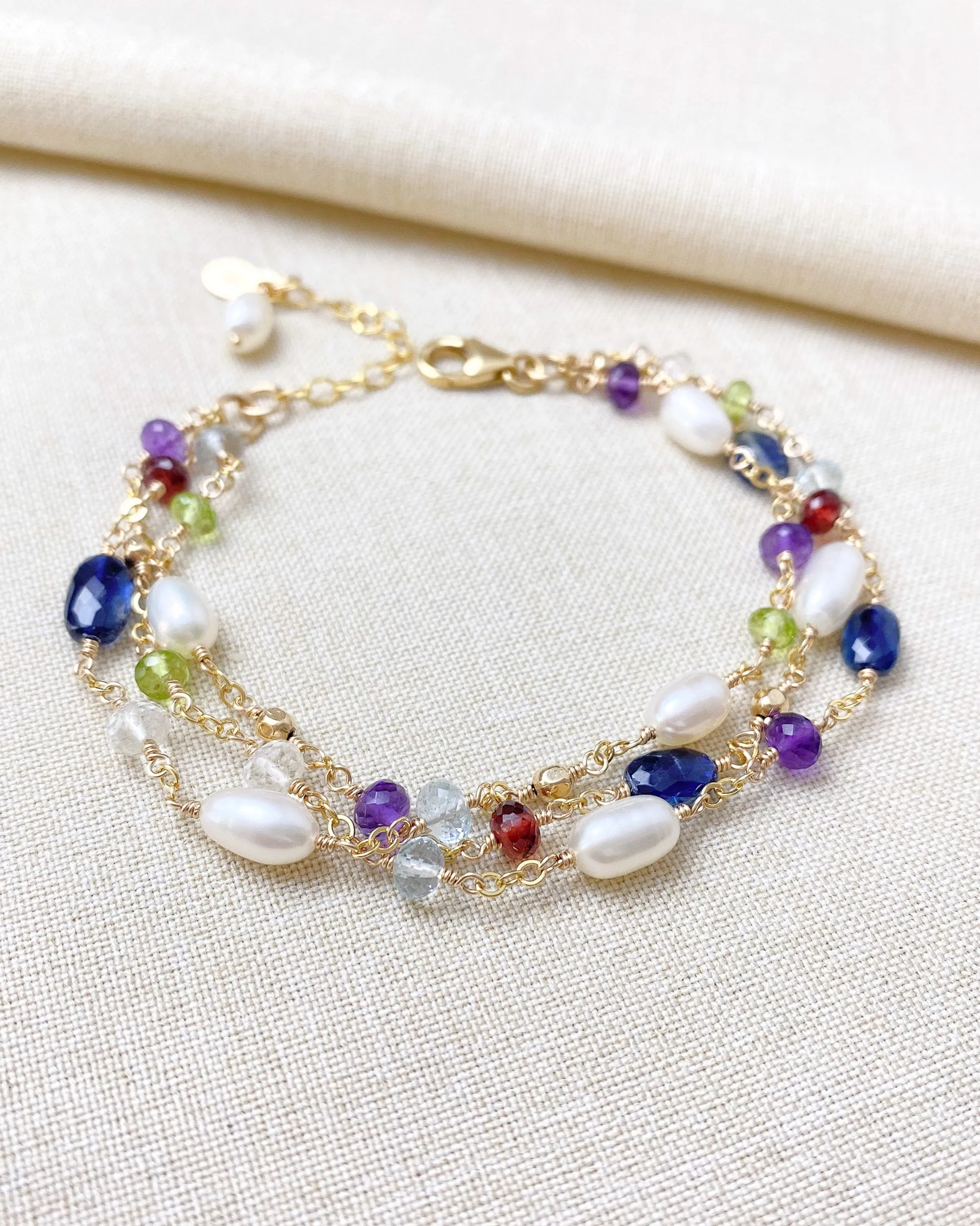Layered Semiprecious Gemstone and Pearl Bracelet
