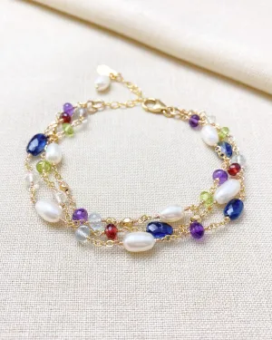 Layered Semiprecious Gemstone and Pearl Bracelet