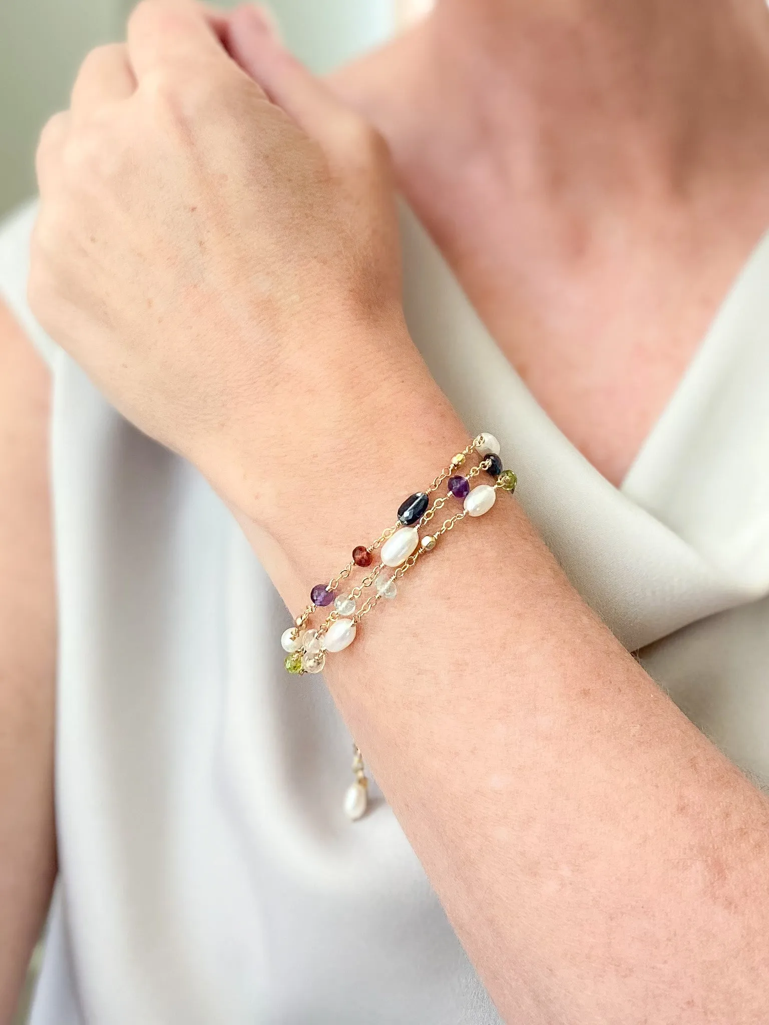 Layered Semiprecious Gemstone and Pearl Bracelet