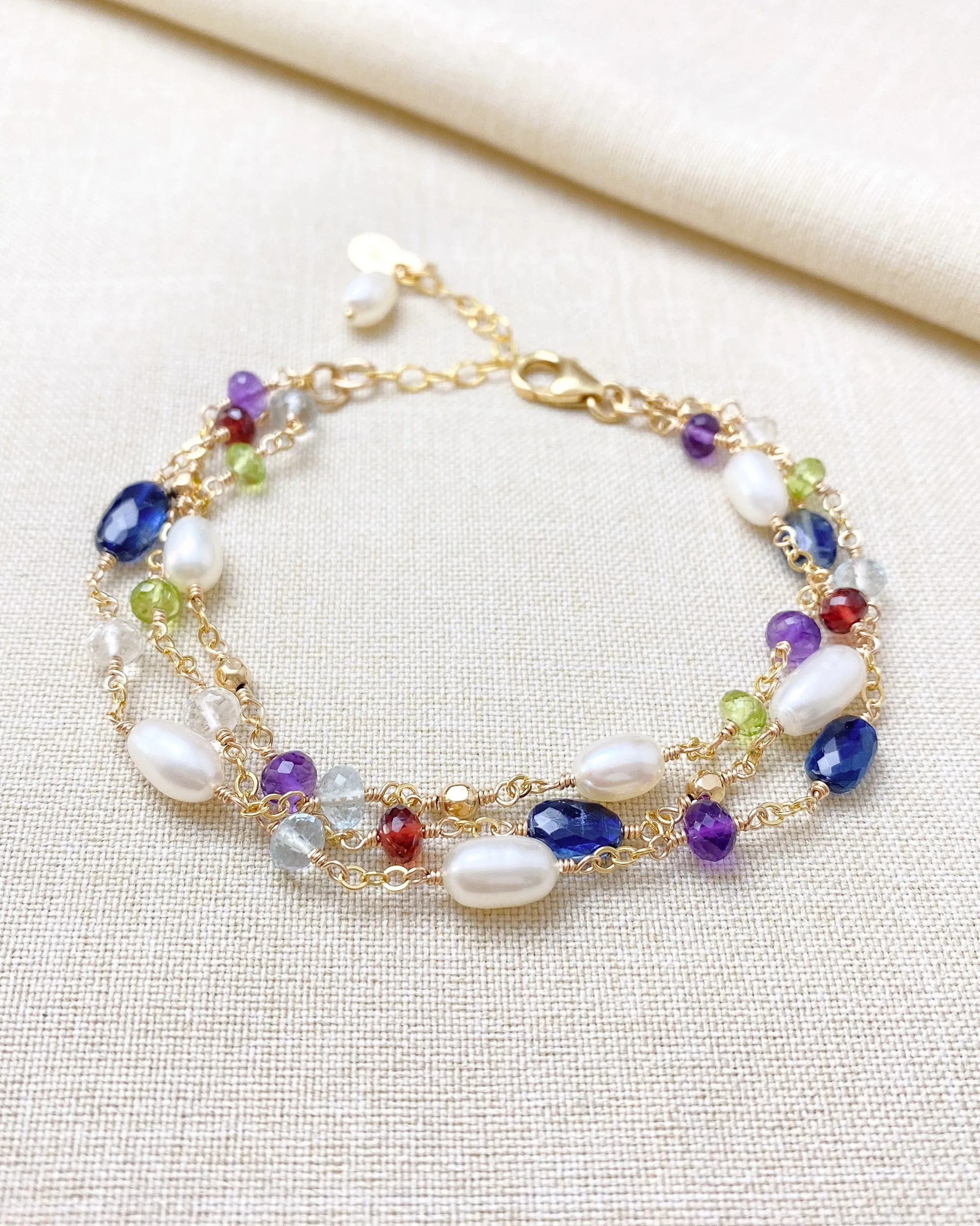 Layered Semiprecious Gemstone and Pearl Bracelet