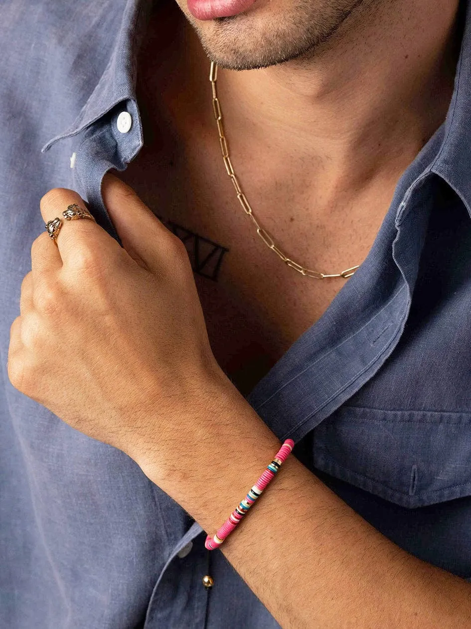 Nialaya Men's Beaded Bracelet with Pink and Gold Disc Beads