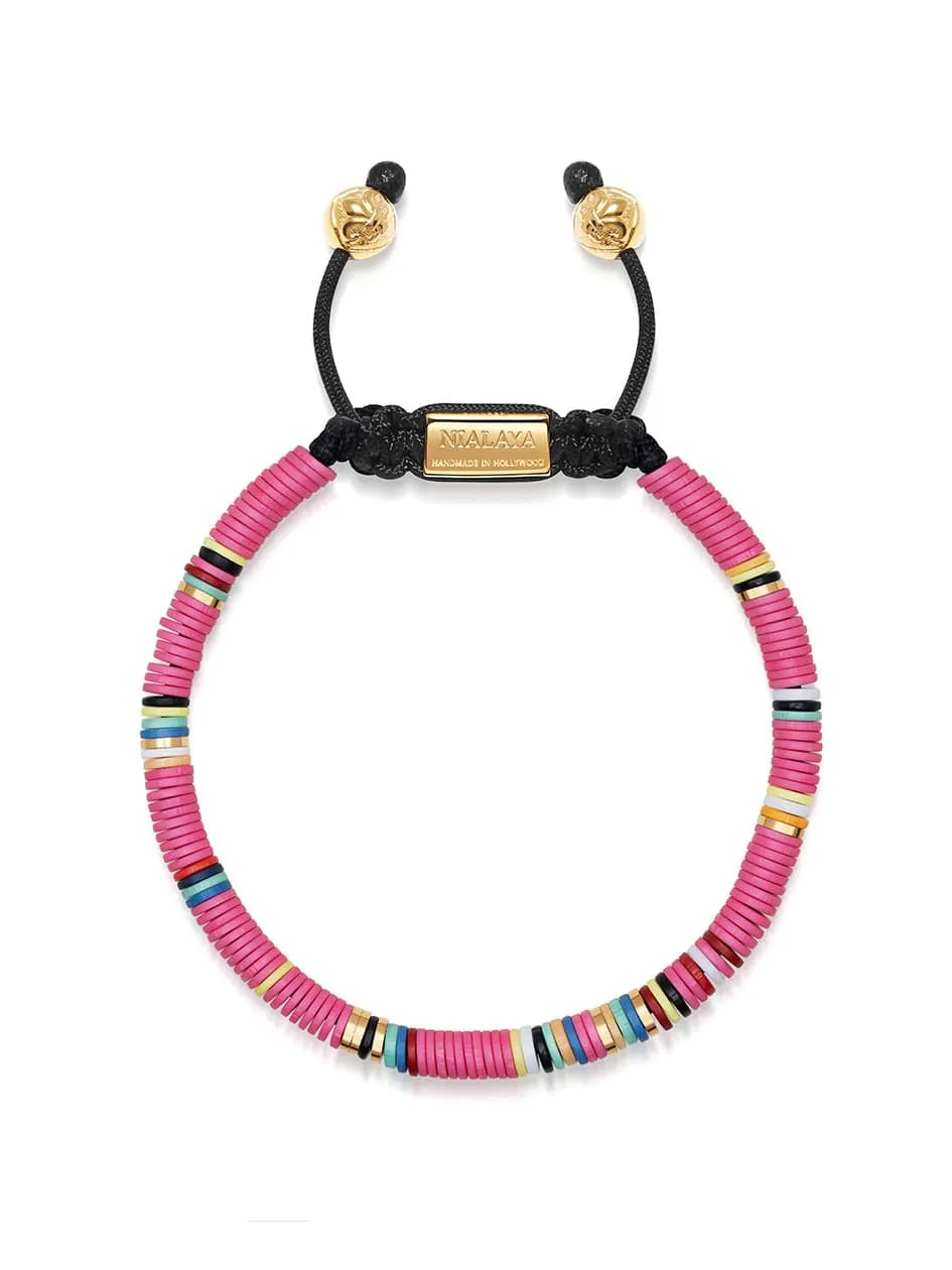 Nialaya Men's Beaded Bracelet with Pink and Gold Disc Beads