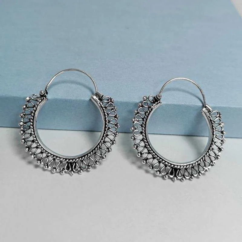 Oxidised Silver Royal Round Filigree Hoop