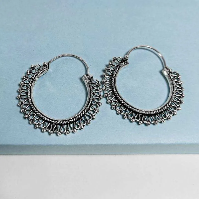 Oxidised Silver Royal Round Filigree Hoop