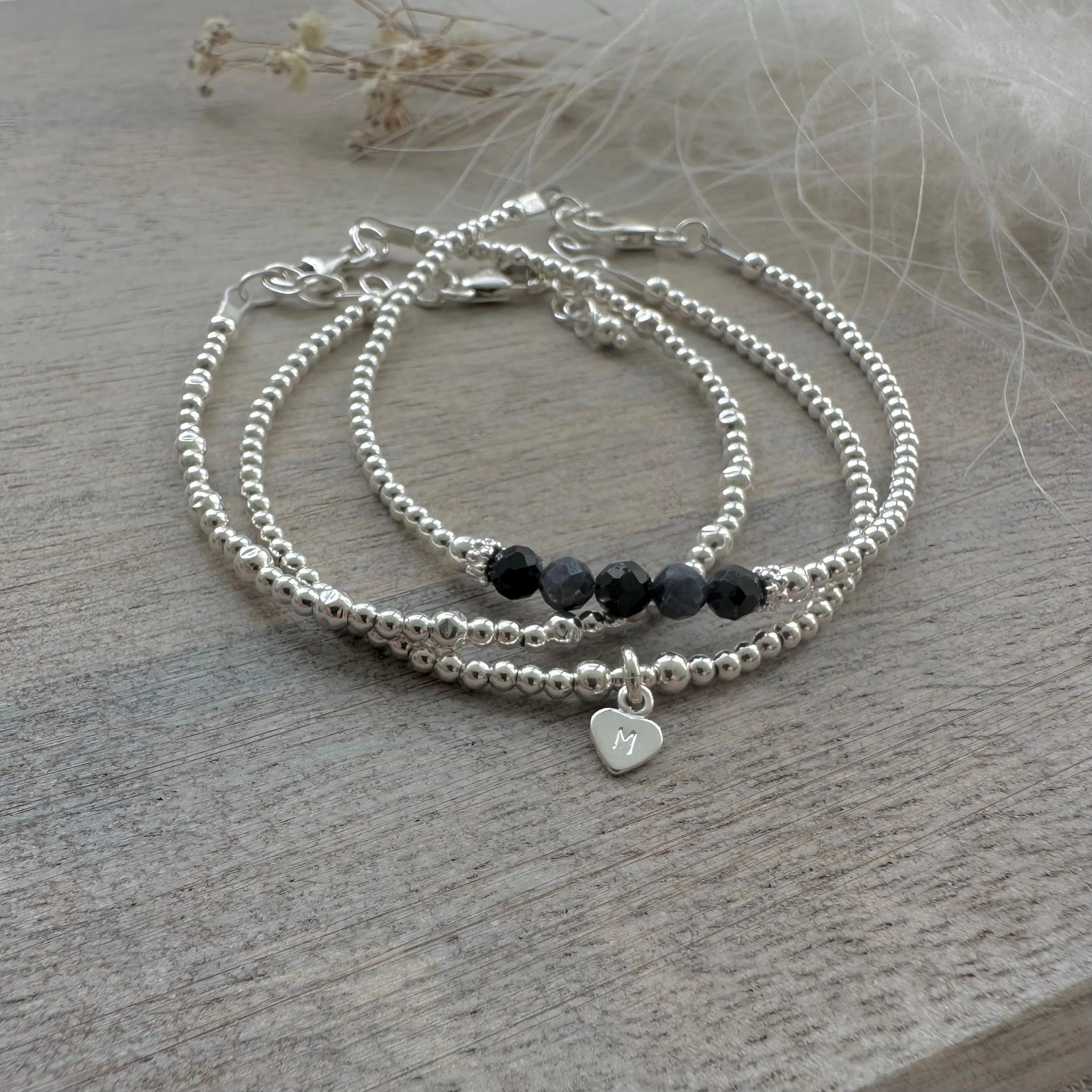 Personalised September Birthstone Sapphire Bracelet Set, Dainty Sterling Silver Stacking Bracelets for Women