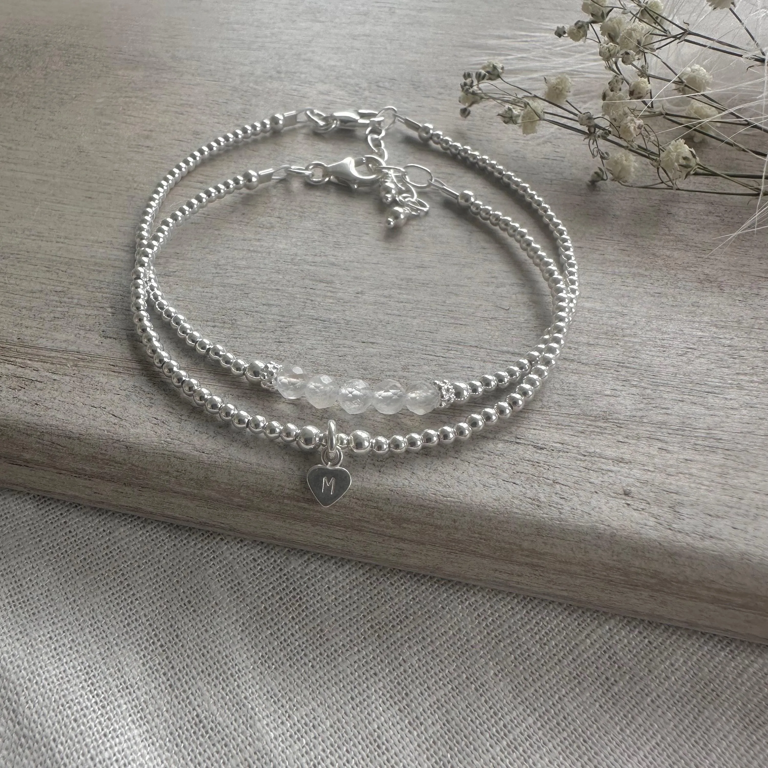 Personalised White  Moonstone Bracelet Set, June Birthstone Jewellery