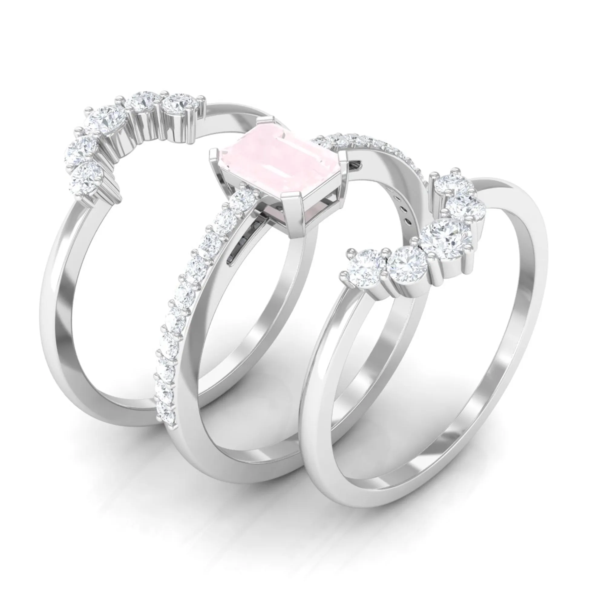 Rose Quartz Solitaire Trio Ring Set with Moissanite