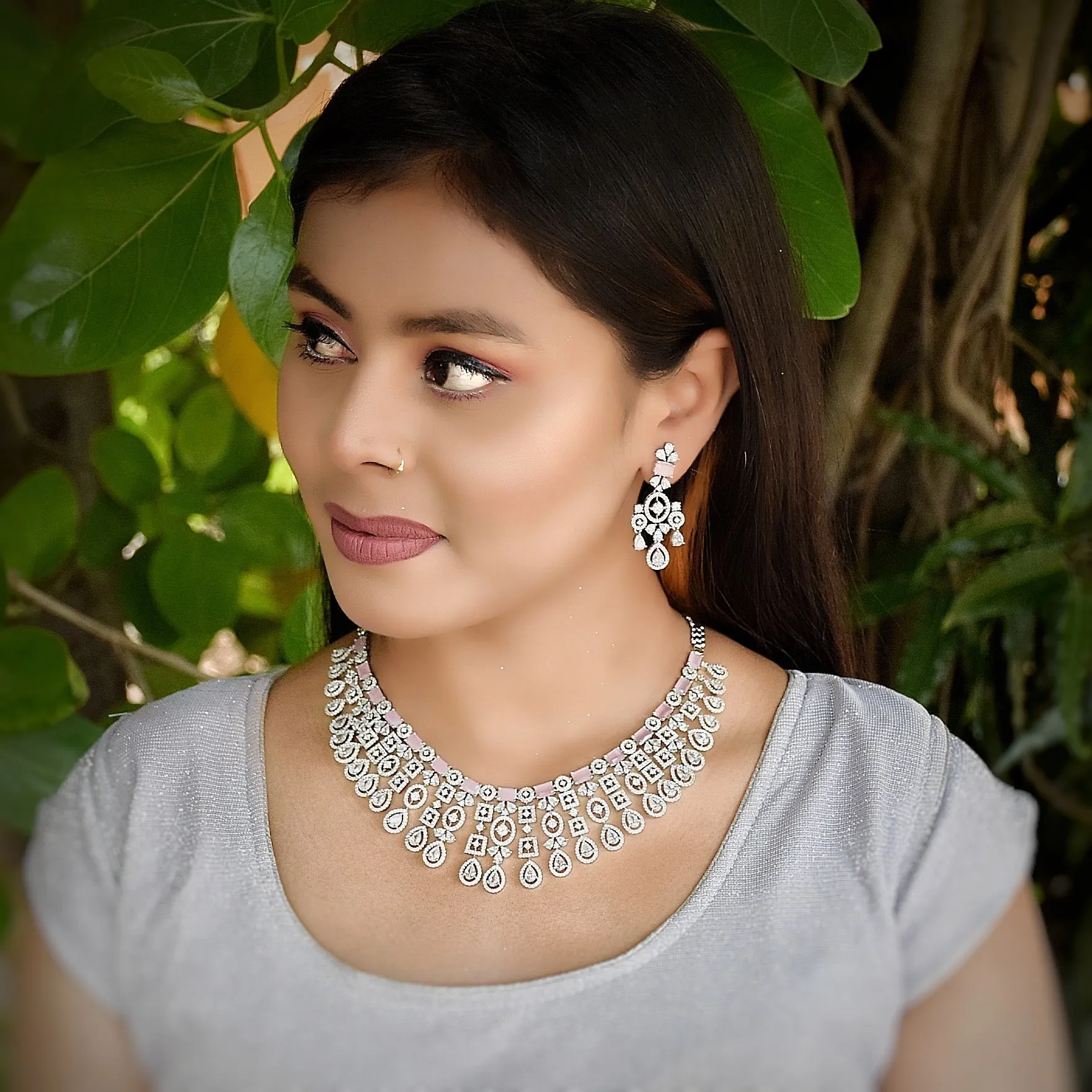 Round Neck Zircon/AD Necklace Set 6017-68