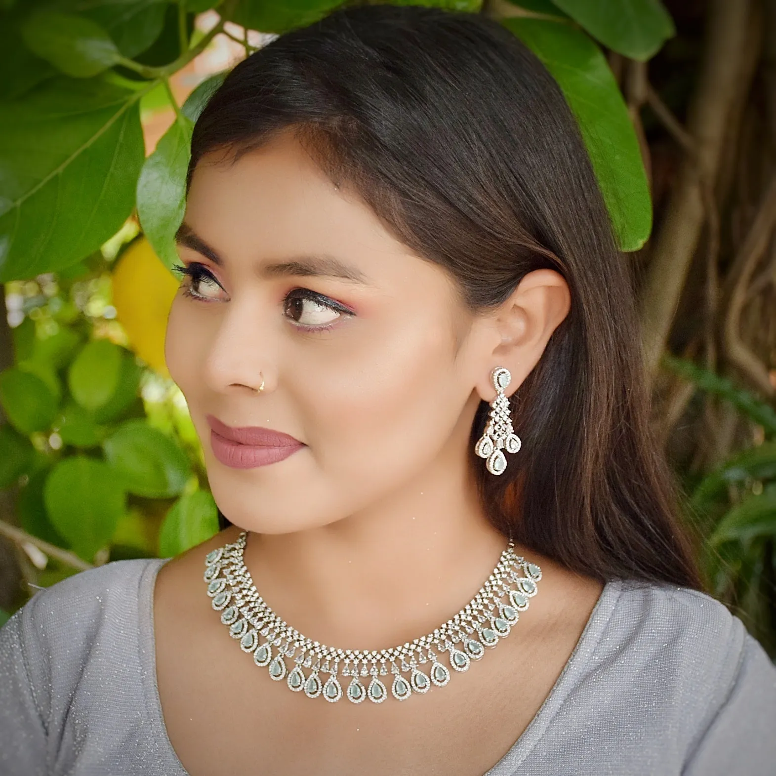 Round Neck Zircon/AD Necklace Set 6034-08