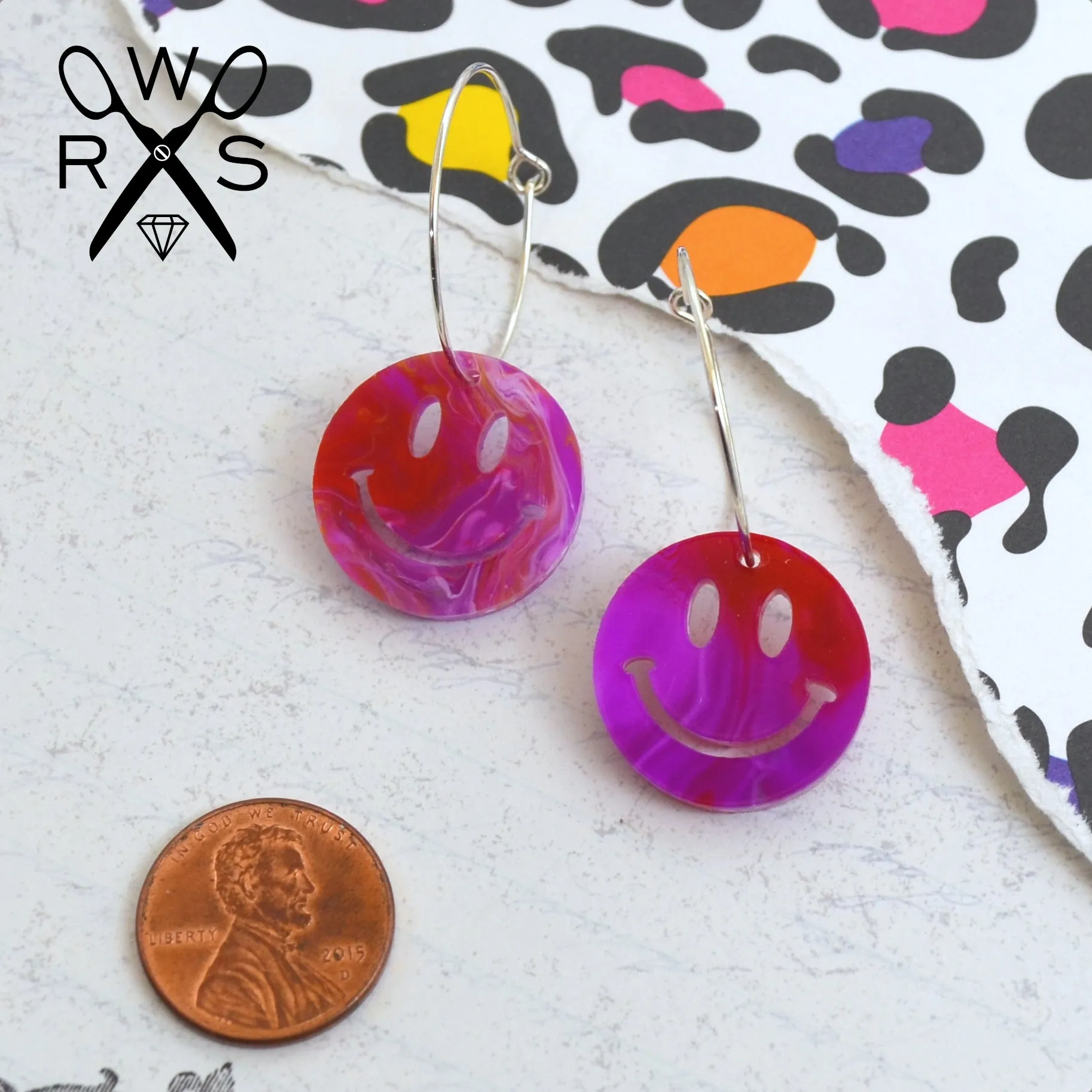 SALE COLOR SWIRL SMILEY Hoops Silver Dangle Earrings