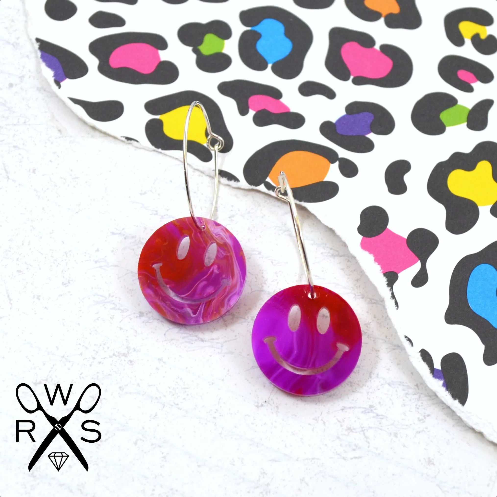 SALE COLOR SWIRL SMILEY Hoops Silver Dangle Earrings