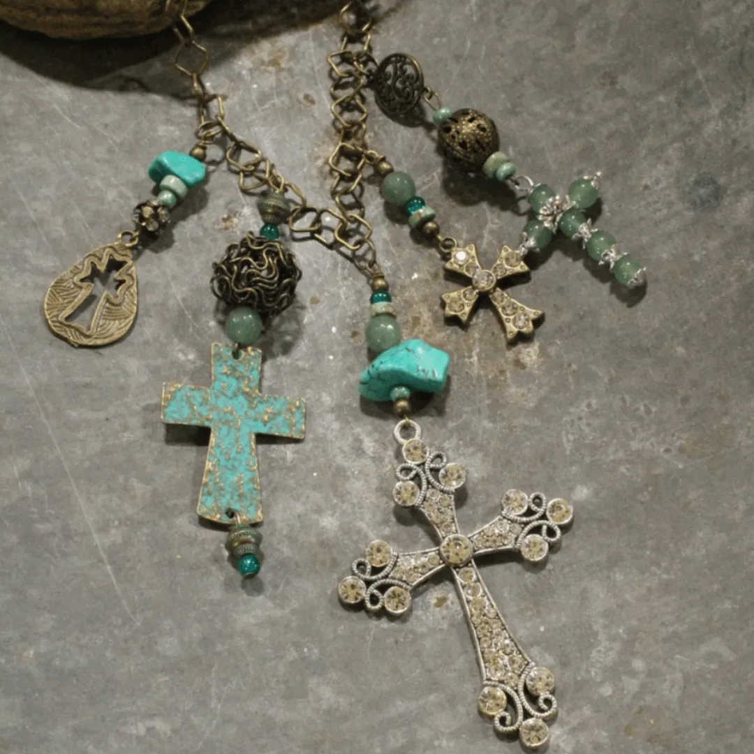 Vintage Cross Jade and Patina Charm Statement Necklace