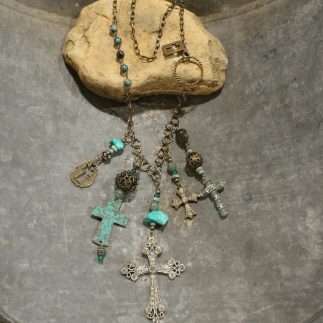 Vintage Cross Jade and Patina Charm Statement Necklace